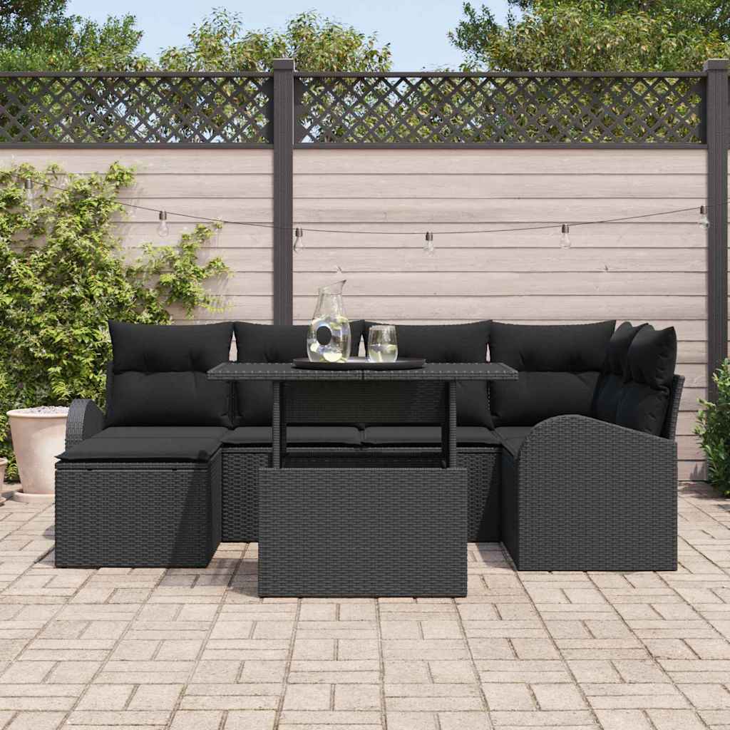 Garten-Sofa-Set mit Speicher 7 pcs Schwarz Poly Rattan